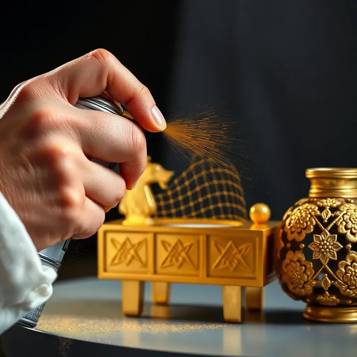 Techniques and Tips for Using Gold Spray Paint Effectively Close-up of a hand applying gold spray paint on a decorative object