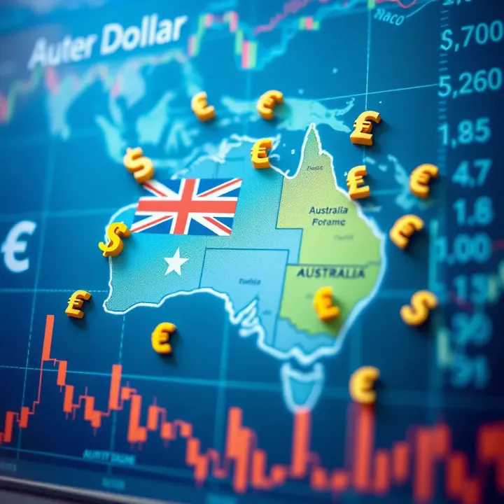 Key Economic Factors Influencing the Australian Dollar Value Map highlighting Australia with currency symbols and economic indicators around it