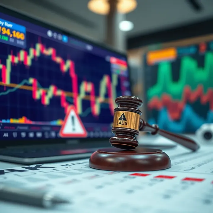 Visual representation of financial risks and legal considerations in binary trading with charts and caution symbols