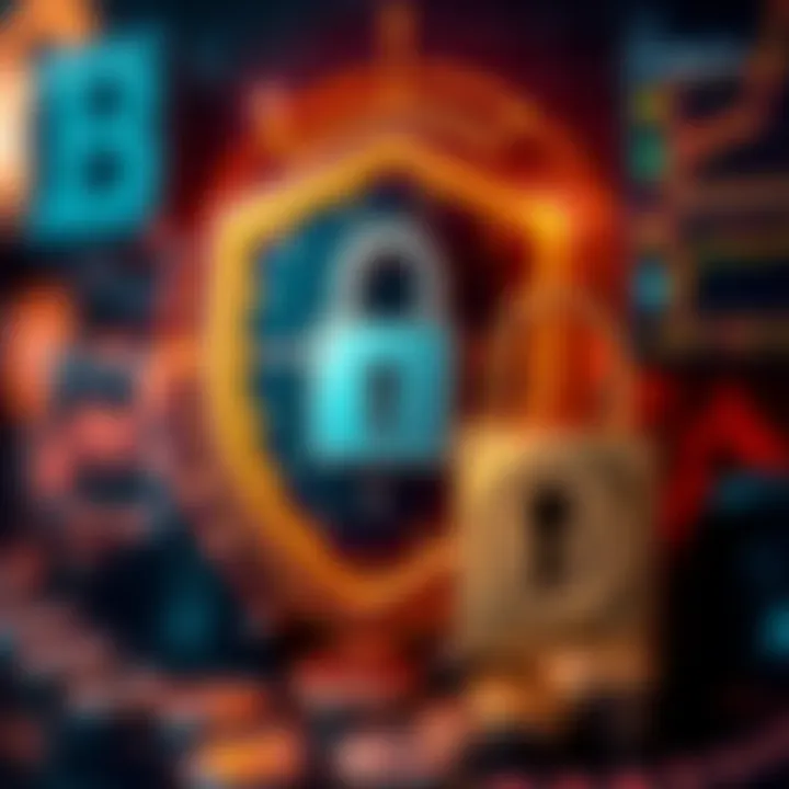 Illustration of digital security elements with shield and lock protecting cryptocurrency assets