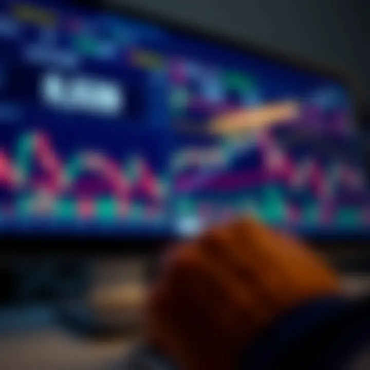 Digital interface displaying forex trading platform features with charts and currency pairs