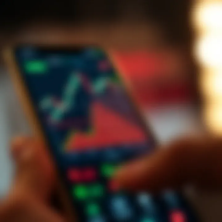 Mobile device displaying a forex trading app interface with charts and currency pairs