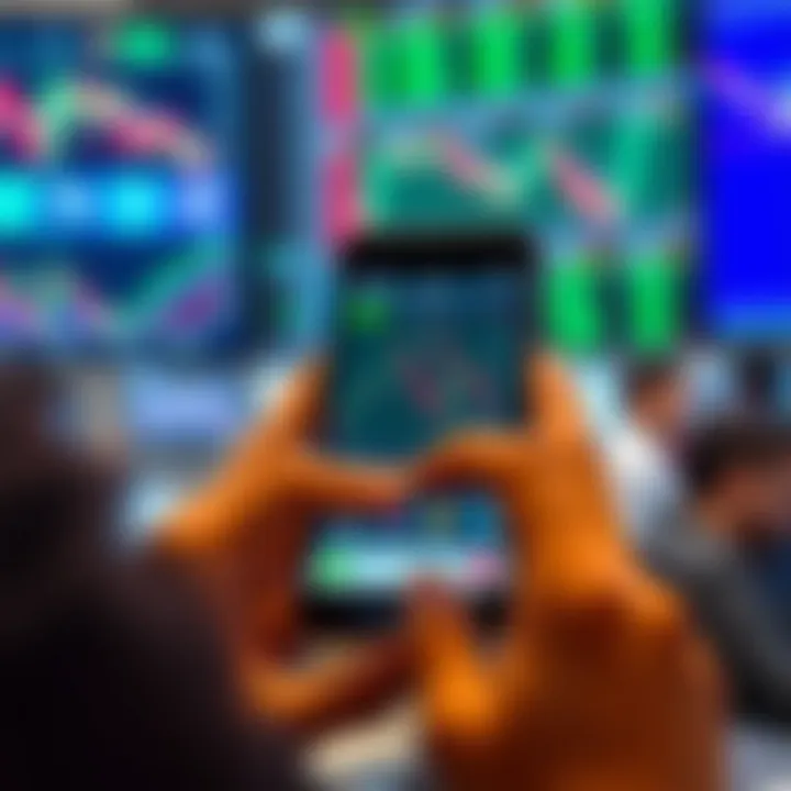 User interacting with a smartphone displaying various stock trading app interfaces focusing on Pakistani market stocks