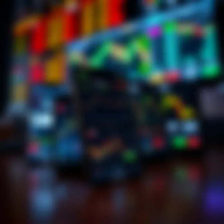 Mobile device displaying a variety of stock trading app interfaces showing market charts and data