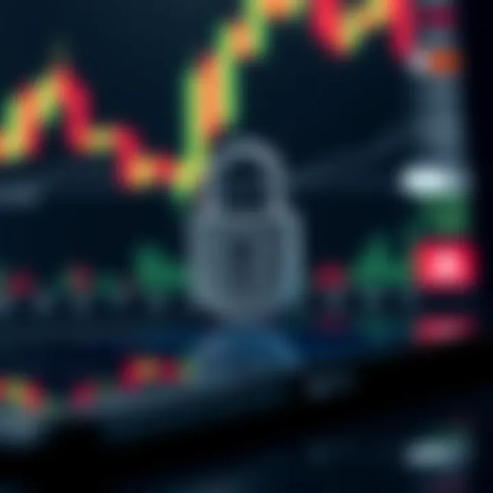 Secure digital lock symbol overlaid on a mobile device with a financial chart background representing data protection in trading apps