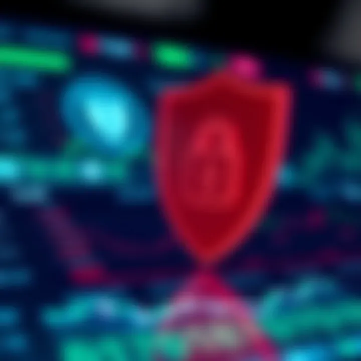 Secure digital interface depicting shield icon and lock symbol over financial app dashboard