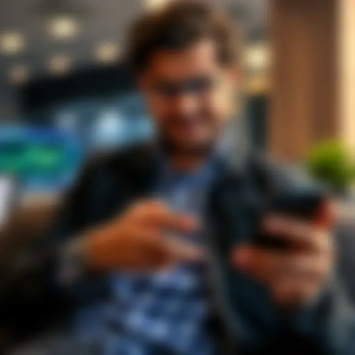 Illustration of a person confidently investing using a smartphone with graphical representations of low investment growth