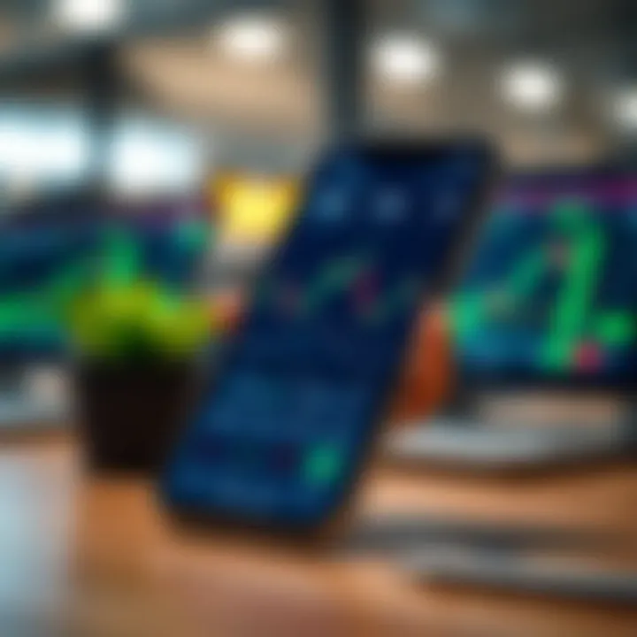 Mobile phone displaying a secure trading app interface with graphs and charts