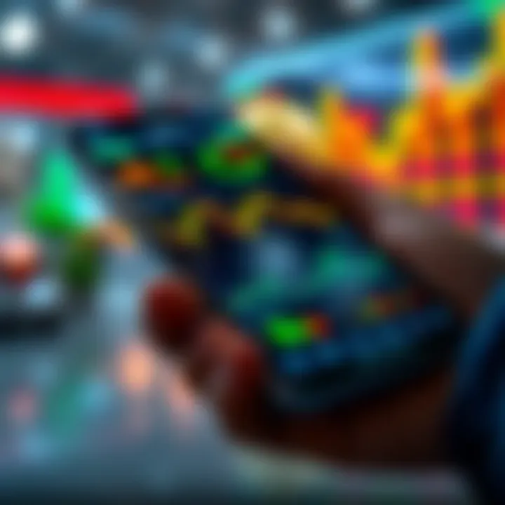 Smartphone screen displaying various trading charts and stock market data in a modern app interface