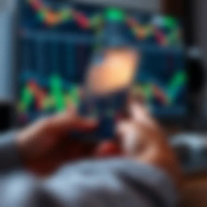 Mobile phone displaying a forex trading app interface with charts and currency pairs