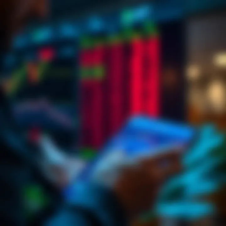 User analyzing stock market data on a mobile trading platform with charts and graphs visible