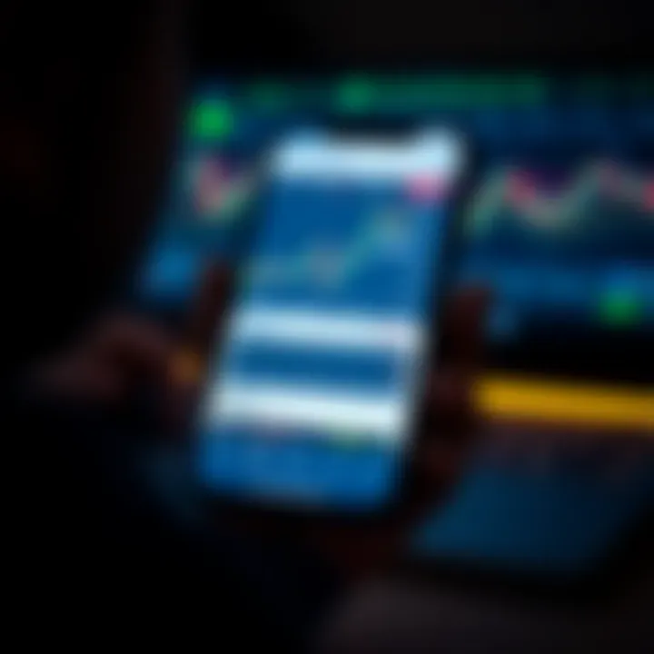 Mobile phone displaying stock trading application interface with charts and portfolio summary