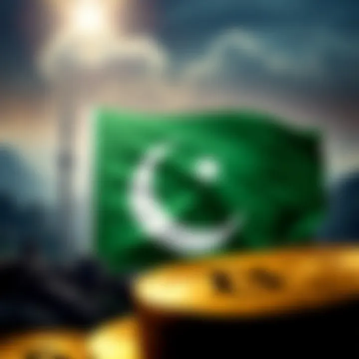 Digital representation of cryptocurrency coins overlaid with the Pakistan flag, symbolizing crypto trading within the country
