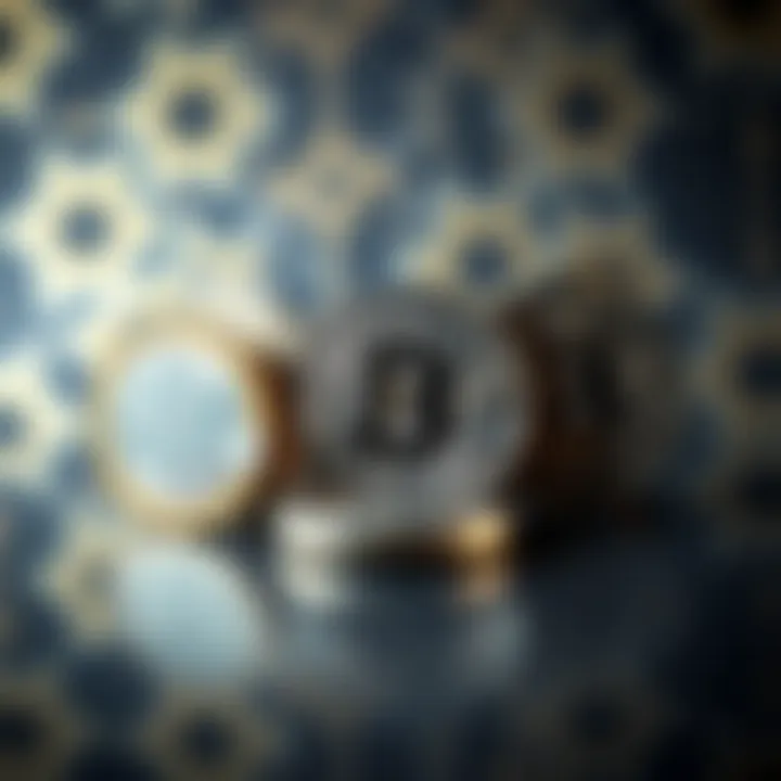 Digital coins representing cryptocurrencies with Islamic geometric patterns in the background