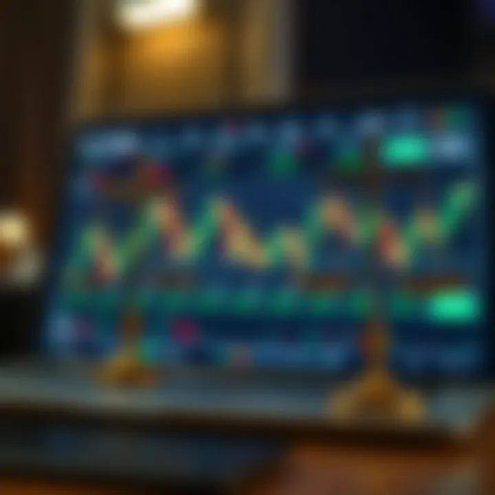 Illustration of a secure online trading platform interface featuring charts and legal scales, representing regulatory challenges and safe trading practices
