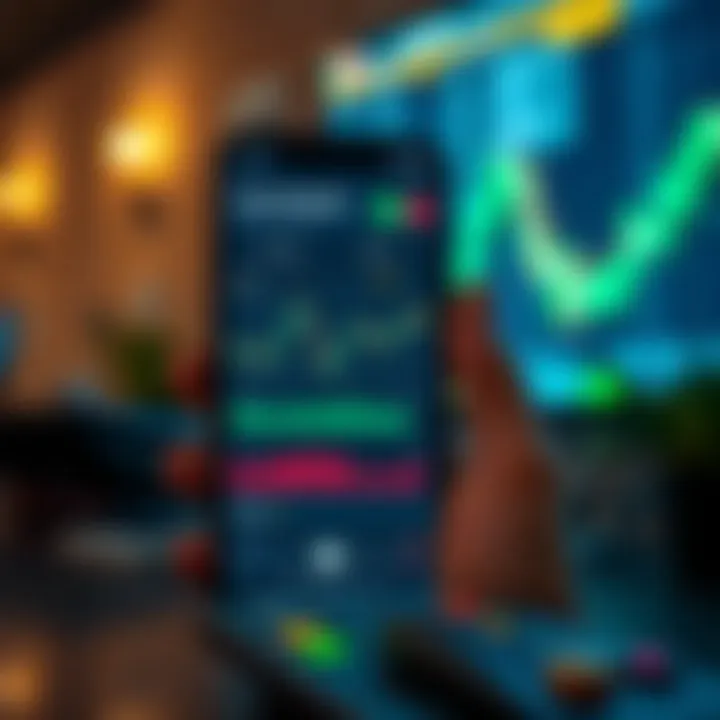 Mobile phone displaying a secure trading platform interface with market charts and analytics