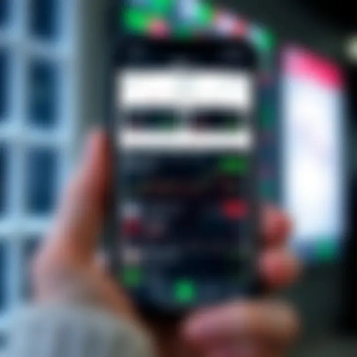Mobile phone screen showing a free trading app interface with stock charts and trading options