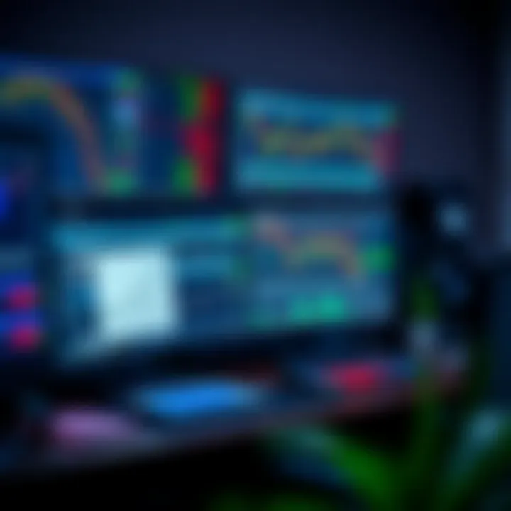 Trading workstation showing multiple screens with market analysis tools and forex graphs