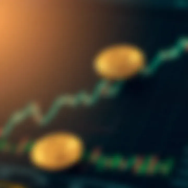 Digital representation of cryptocurrency symbols hovering over a financial chart with upward trends