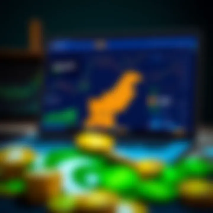 Cryptocurrency Market Overview with Pakistan Focus Illustration showing a laptop screen displaying various cryptocurrency charts and a map highlighting Pakistan