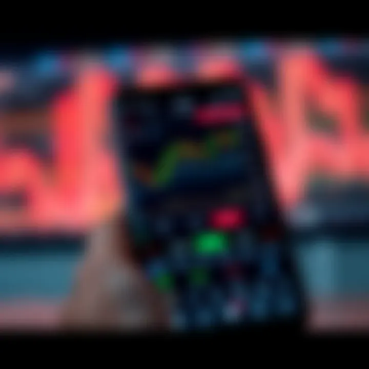 Mobile phone displaying forex trading charts and currency pairs on a sleek trading app interface