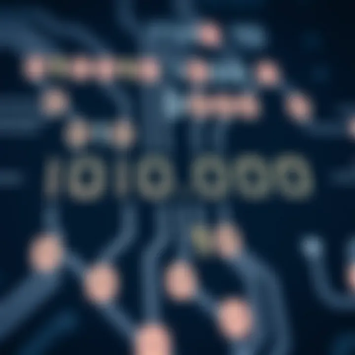 Illustration of binary digits represented by ones and zeros connected in a digital circuit layout