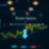 Diagram showing the concept of binary option trading with up and down arrows and financial charts