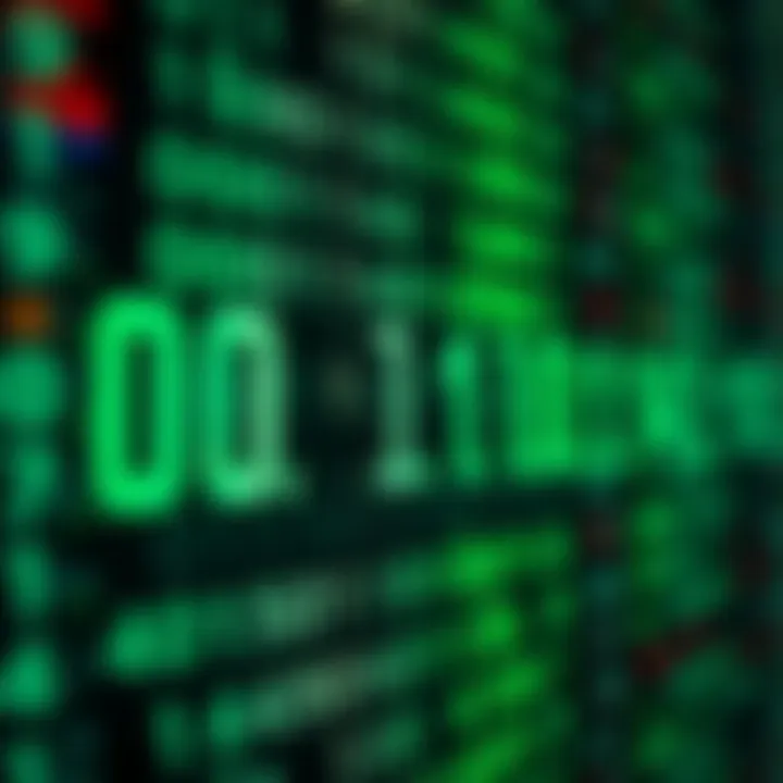 Visual representation of binary numbers being decoded into readable text with digital data symbols