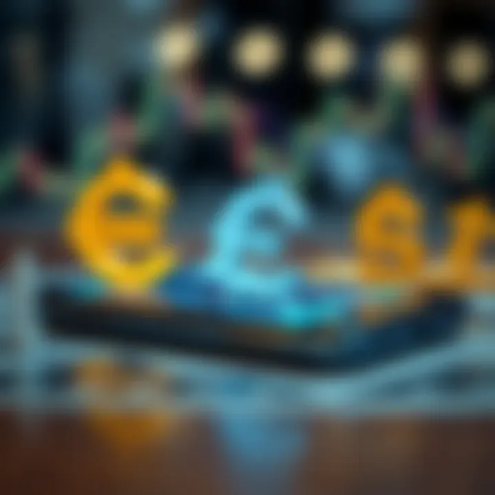 Conceptual illustration of convenient forex trading on mobile with symbols of various world currencies