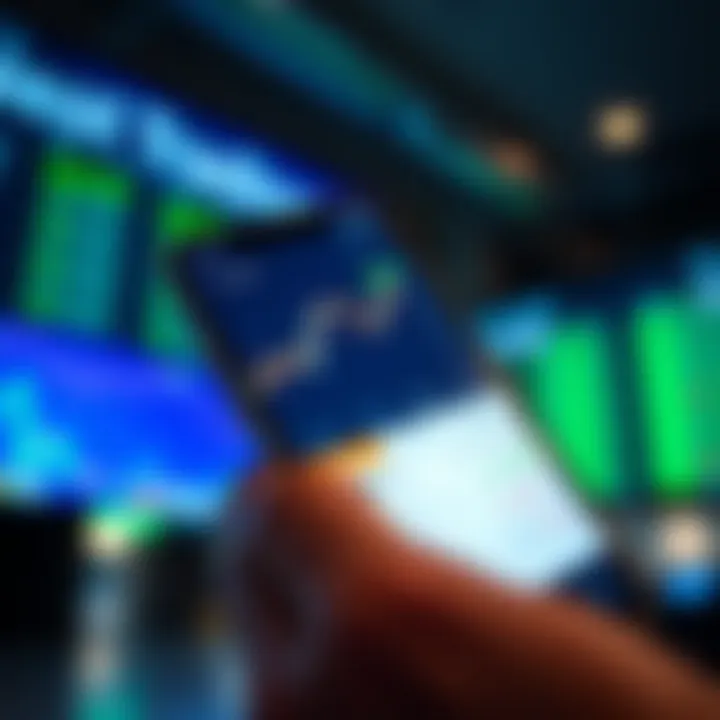 Mobile phone displaying a stock trading app interface with graphs and trade options