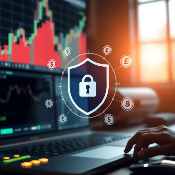 Illustration of a secure online transaction with shield and digital currency symbols