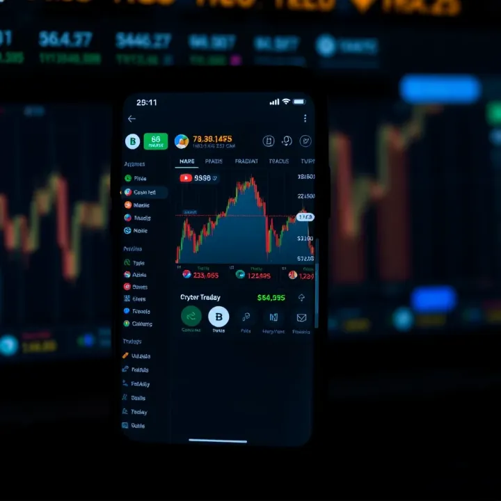Mobile phone screen displaying a cryptocurrency trading app interface with price charts and trading options