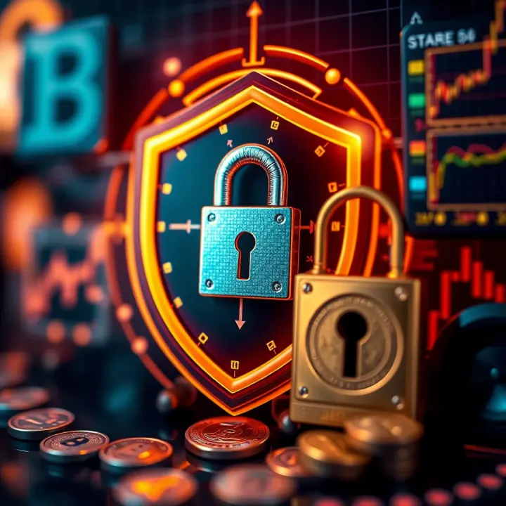 Illustration of digital security elements with shield and lock protecting cryptocurrency assets