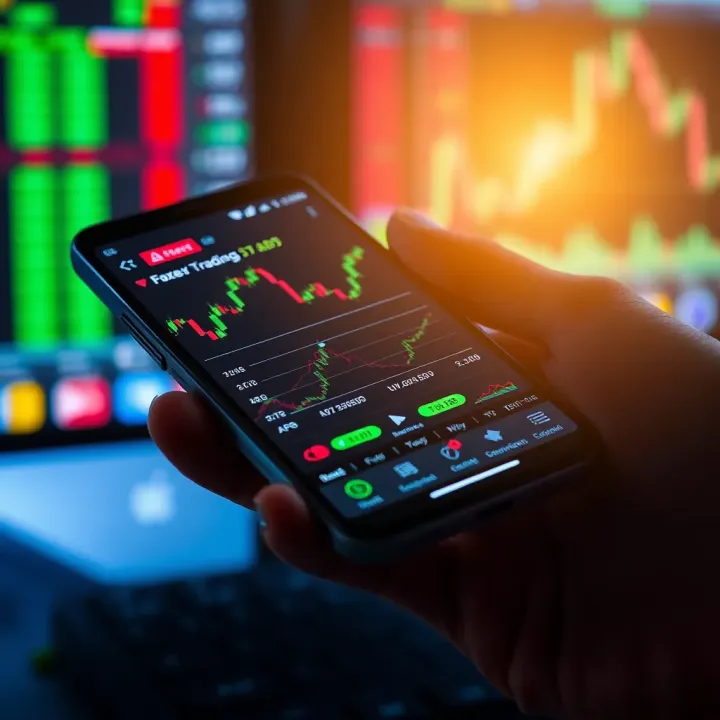 Mobile phone displaying a forex trading app interface with charts and currency pairs