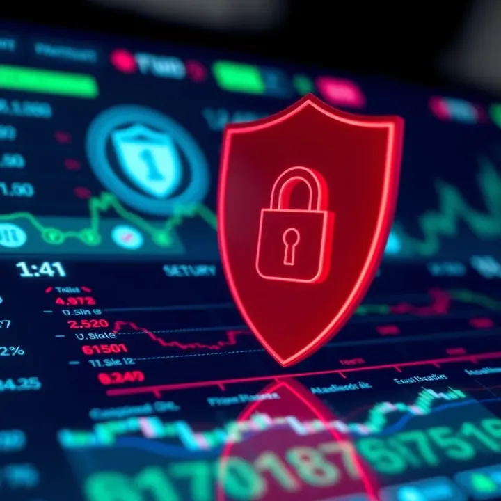 Secure digital interface depicting shield icon and lock symbol over financial app dashboard