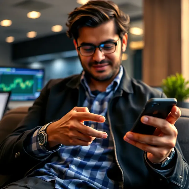 Illustration of a person confidently investing using a smartphone with graphical representations of low investment growth