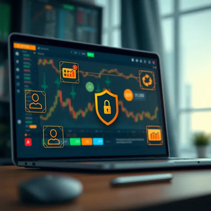 Conceptual graphic illustrating secure online trading with icons for security, customer support, and assets