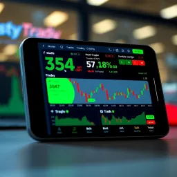 Dashboard of a mobile trading app displaying stock market charts and portfolio overview