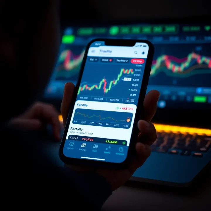 Mobile phone displaying stock trading application interface with charts and portfolio summary