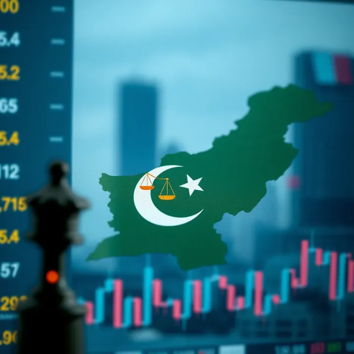 Graphic depicting legal symbols and a map of Pakistan emphasizing regulations for financial trading