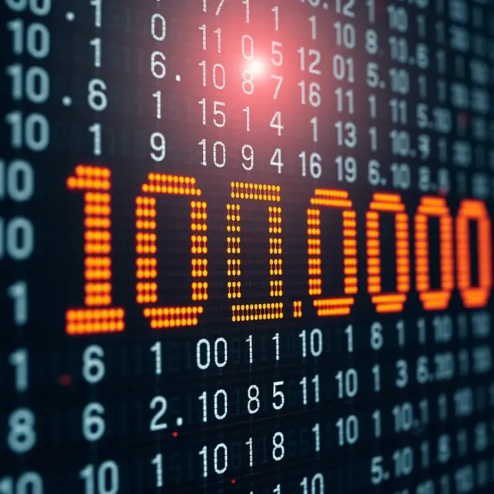 Visual representation of a large numerical value converted into binary digits illustrated as a sequence of zeros and ones