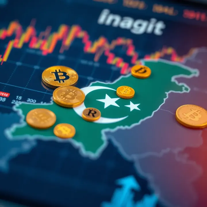 Cryptocurrency symbols overlaying a digital map of Pakistan