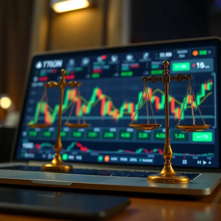 Illustration of a secure online trading platform interface featuring charts and legal scales, representing regulatory challenges and safe trading practices