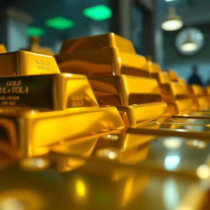 Close-up of shiny gold bars stacked with a reflection showing fine details