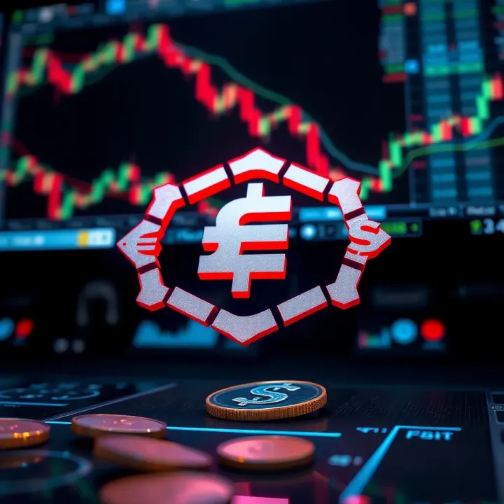 Abstract representation of a forex trading logo with currency symbols and digital elements