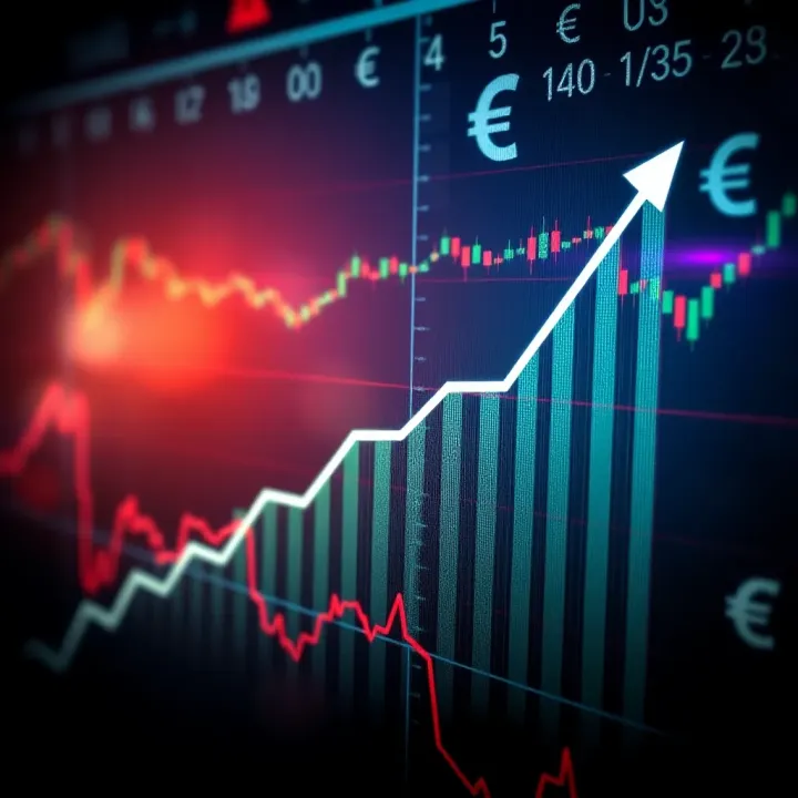 Graph displaying upward trend in binary options trading with currency symbols in background