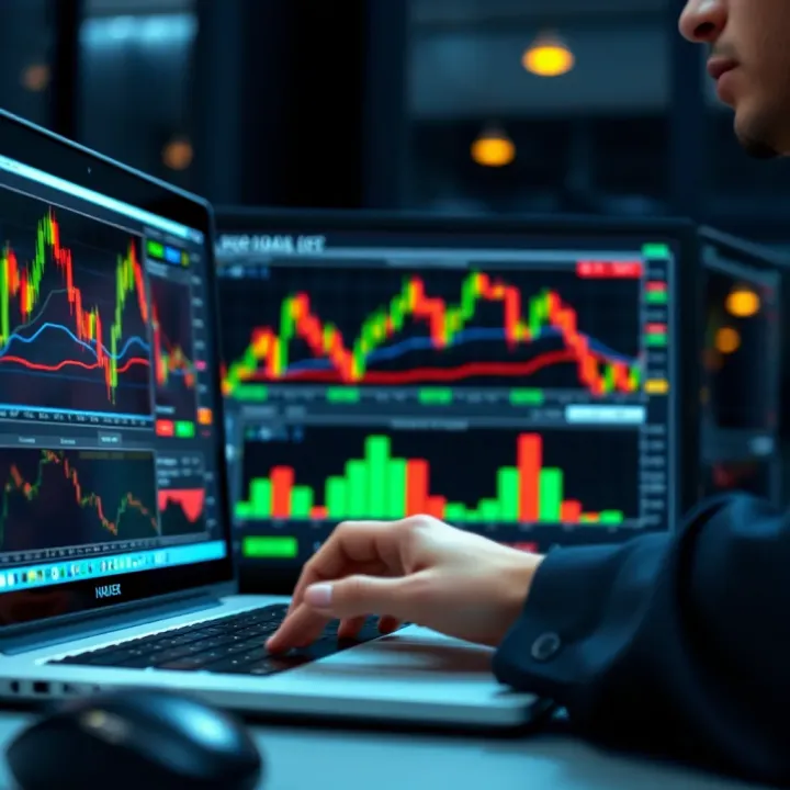 Close-up of a person analyzing currency market graphs on a laptop