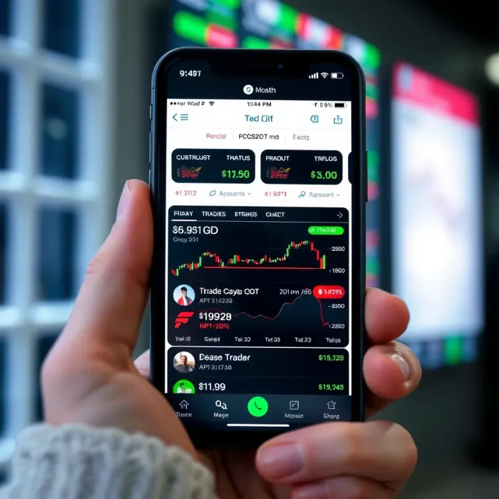 Mobile phone screen showing a free trading app interface with stock charts and trading options