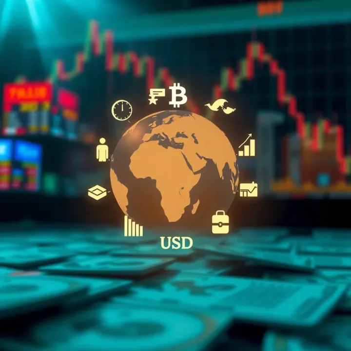 Economic and Geopolitical Influences on USD to PKR Exchange Illustration of economic and geopolitical factors influencing currency value with global trade icons
