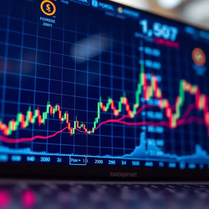 Illustration of forex trading chart with currency pairs and upward trend lines